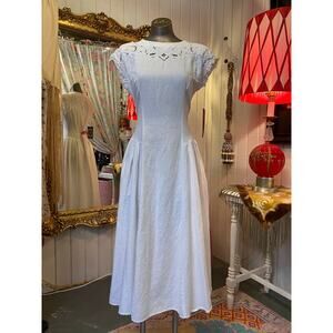 vintage 1980s white cotton dress cutwork embroidered full skirt medium granny